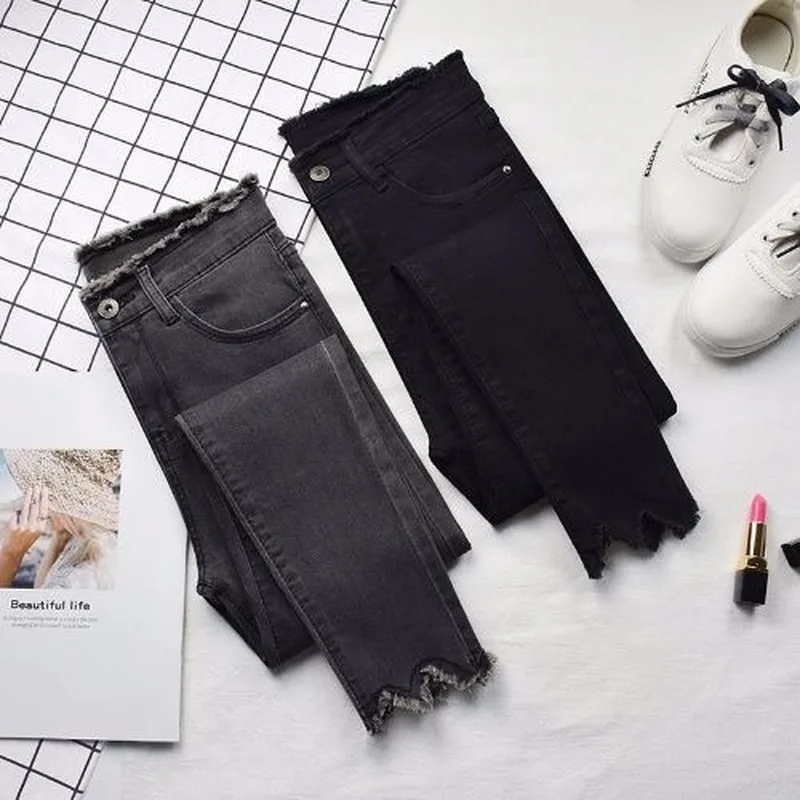 

Jeans Women Spring Denim Pencil Solid Fur-line Irregular Skinny Womens Sexy Slim Korean-style All-match Leisure Fashion Jean New