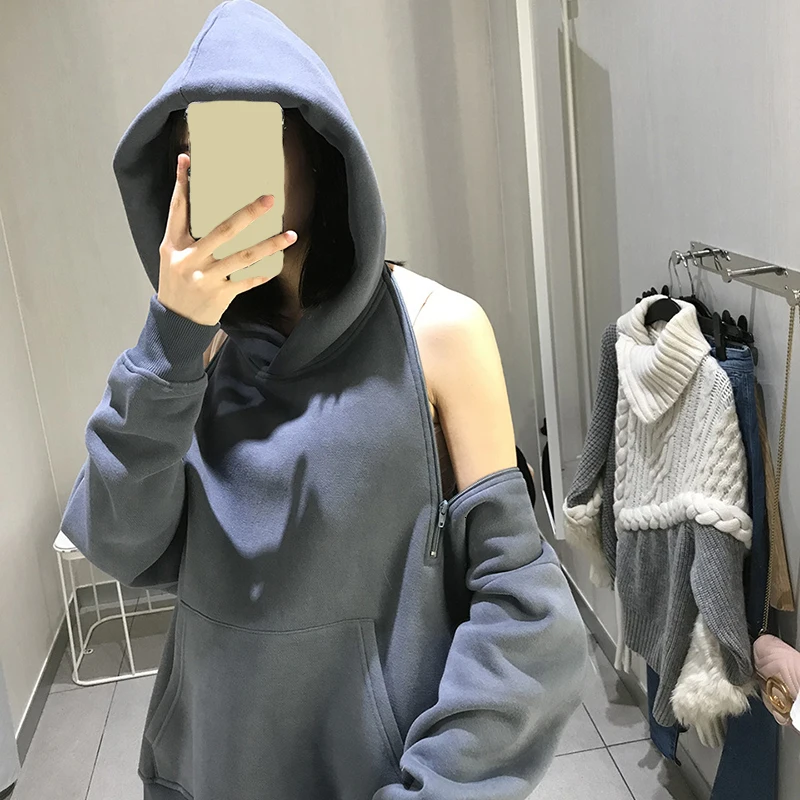 TWOTWINSTYLE, черные женские толстовки с капюшоном, с длинным рукавом, на молнии, с открытой спиной, с открытыми плечами, толстовка, осень, модная новинка