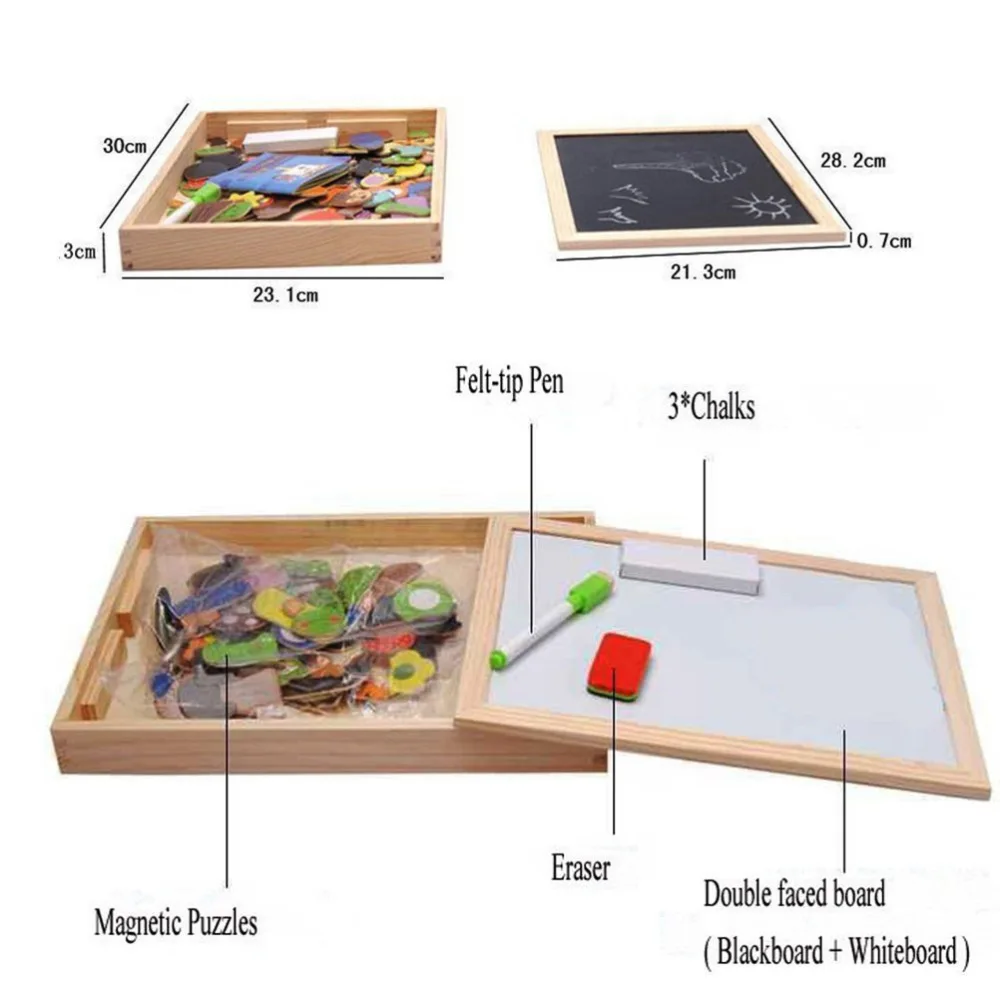 

Wooden Double Faced Writing Drawing Toys Board Magnetic Puzzle with Pen and Eraser for Kids