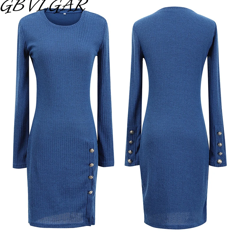 

Winter Dress Women Autumn Buttons Knitted Bodycon Split Dress Casual Long Sleeve O Neck Womens Elegant Slim Fashion Party Dress
