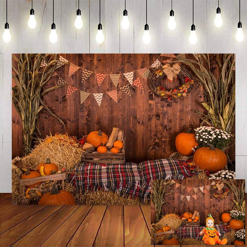 

Fall Thanksgiving Photography Backdrop Rustic Wooden Floor Barn Harvest Background Autumn Pumpkins Maple Leaves Baby Portrait