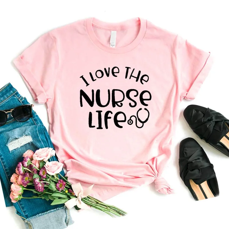Розовый I love the nurse life Print Женская футболка смешные изделия из хлопка футболка подарок для леди Yong Девушка Топ Футболка Прямая поставка S-947 - Цвет: Розовый