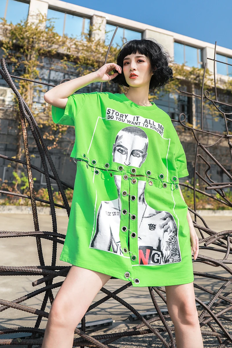 

2021 t-shirt female summer tide brand mid-length loose hip-hop large version dress heavy short-sleeved shirt