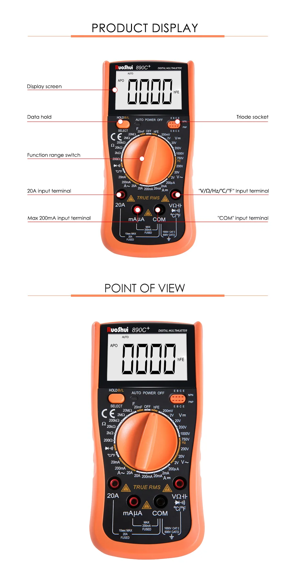RuoShui 890C+ Цифровой мультиметр DC/AC вольтамперная электрическая Емкость Сопротивление температурный транзистор бесконтактный Тестер Напряжения ручной диапазон