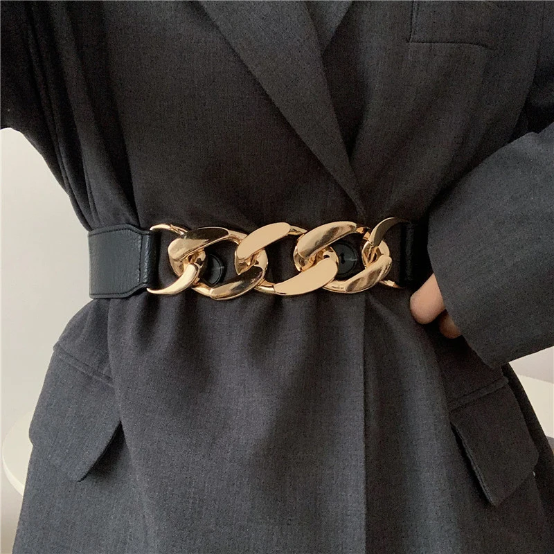 

Gold chain belt elastic silver metal waist belts for women high quality stretch cummerbunds ladies coat ketting riem waistband