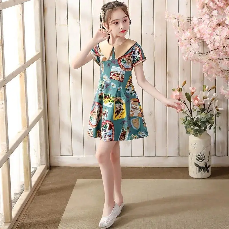 

Chinese style summer Girls dress lapel thin cheongsam children's clothing little fairy sweet princess dresses for Teens