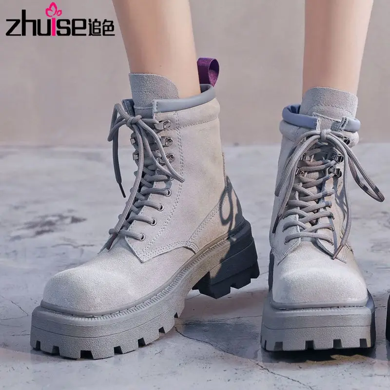 

2021 new thick-soled Martin boots women retro handsome thick-heeled mid-tube boots increase locomotive short boots women Fan Shu