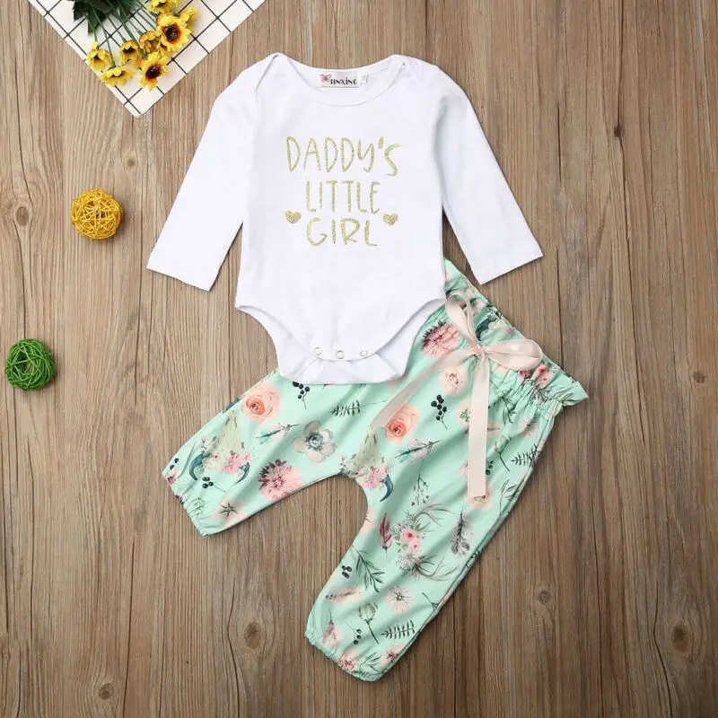 

2PCS Newborn Baby Girl Cotton Long/Short Sleeve Letter Print Tops+Floral Leggings Pants Outfit Set