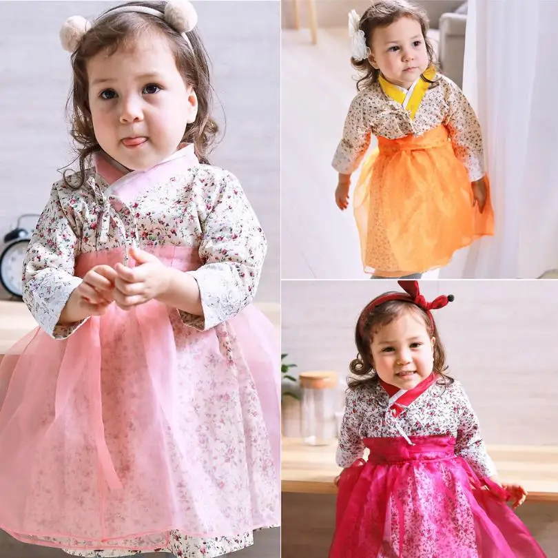 2PCS New Baby Girls Traditional Korean Hanbok Fashion Style Dress Cotton Long Sleeve Print 1-8 Years Old Child Asian Y2742 | Детская