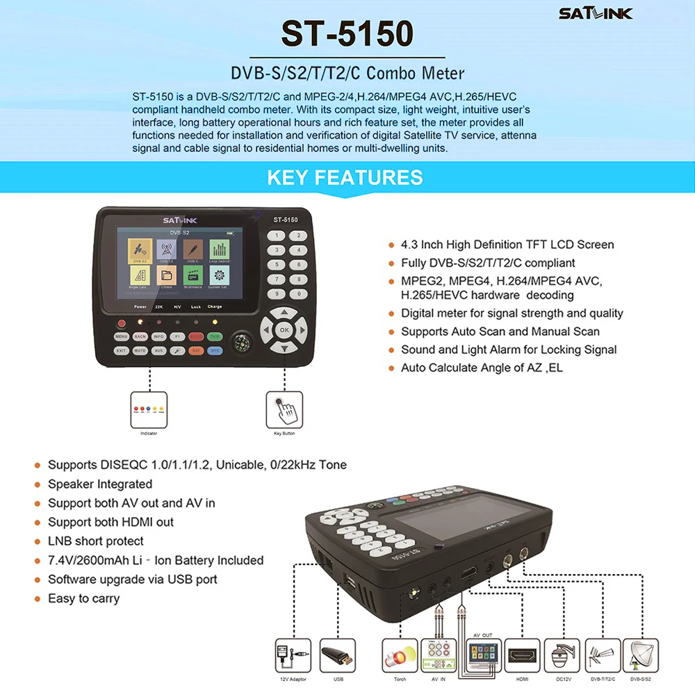 Оригинальный SATLINK ST 5150 DVB S2/T2/C COMBO HD спутниковый Finder метр HEVC MPEG 4 поддерживает H265 (8bit)