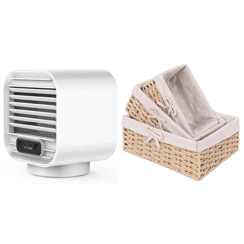 

3Pcs Handmade Rattan Storage Baskets S M L & 1Set Mini Water Cooling Fan Portable Air Cooler