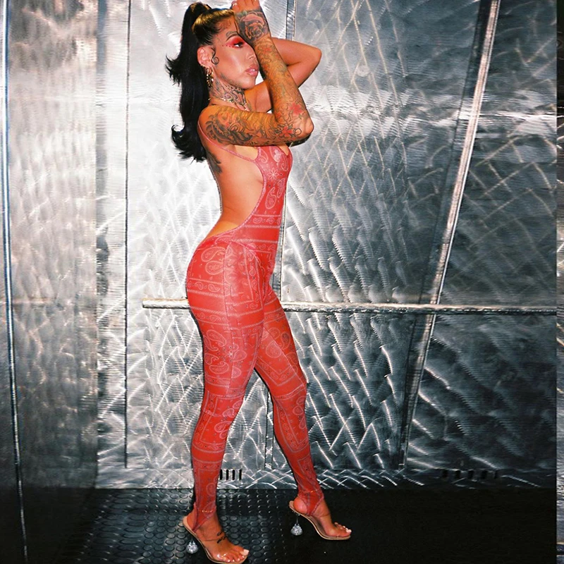 

Women Sexy Mesh See Through Print Jumpsuits Spaghetti Strap Sleeveless Backless Rompers 2021 Summer Erotic Club Party Clothing