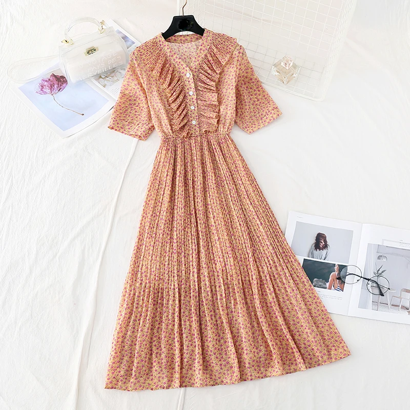 

Women floral print summer dress 2020 Elegant Short sleeve a line v neck Chiffon dress High waist work wear office lady dress