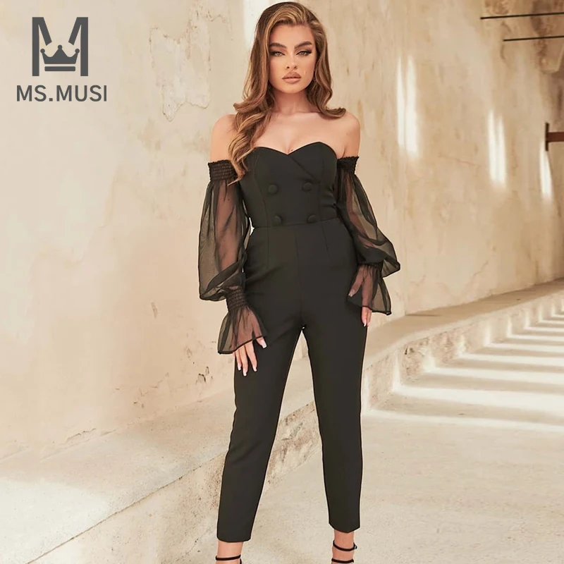 MSMUSI 2022 New Fashion Women Sexy Off The Shoulder Lace Full Sleeve Button Bodycon Long Pant Jumpsuit Party Club Lady Jumpsuit