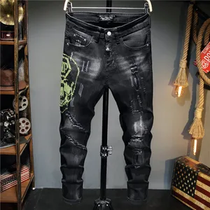 European Style Men plein Brand Jeans Mens Slim Denim Trousers Black Jeans Straight Skulls Biker Hole