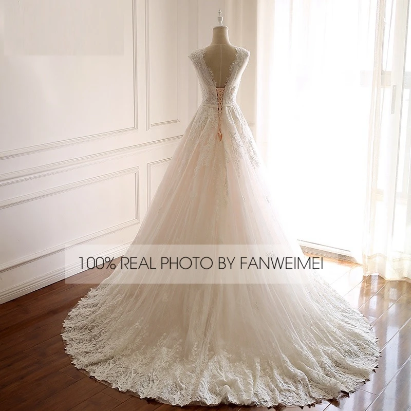 Suzhou Color A Line Sleeveless V-Neck Champagne Lace Wedding Dress Bridal Dress Wedding