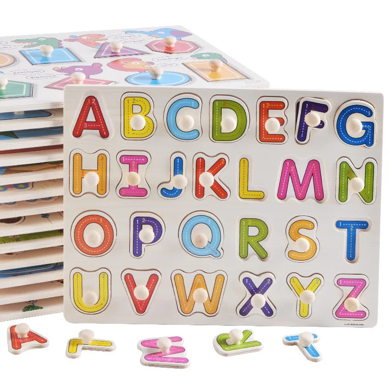 

Big Size Baby Montessori Wooden Puzzle Hand Grab Board Set Educational Toys Infantil Cartoon number letter Math Puzzle kids Gift