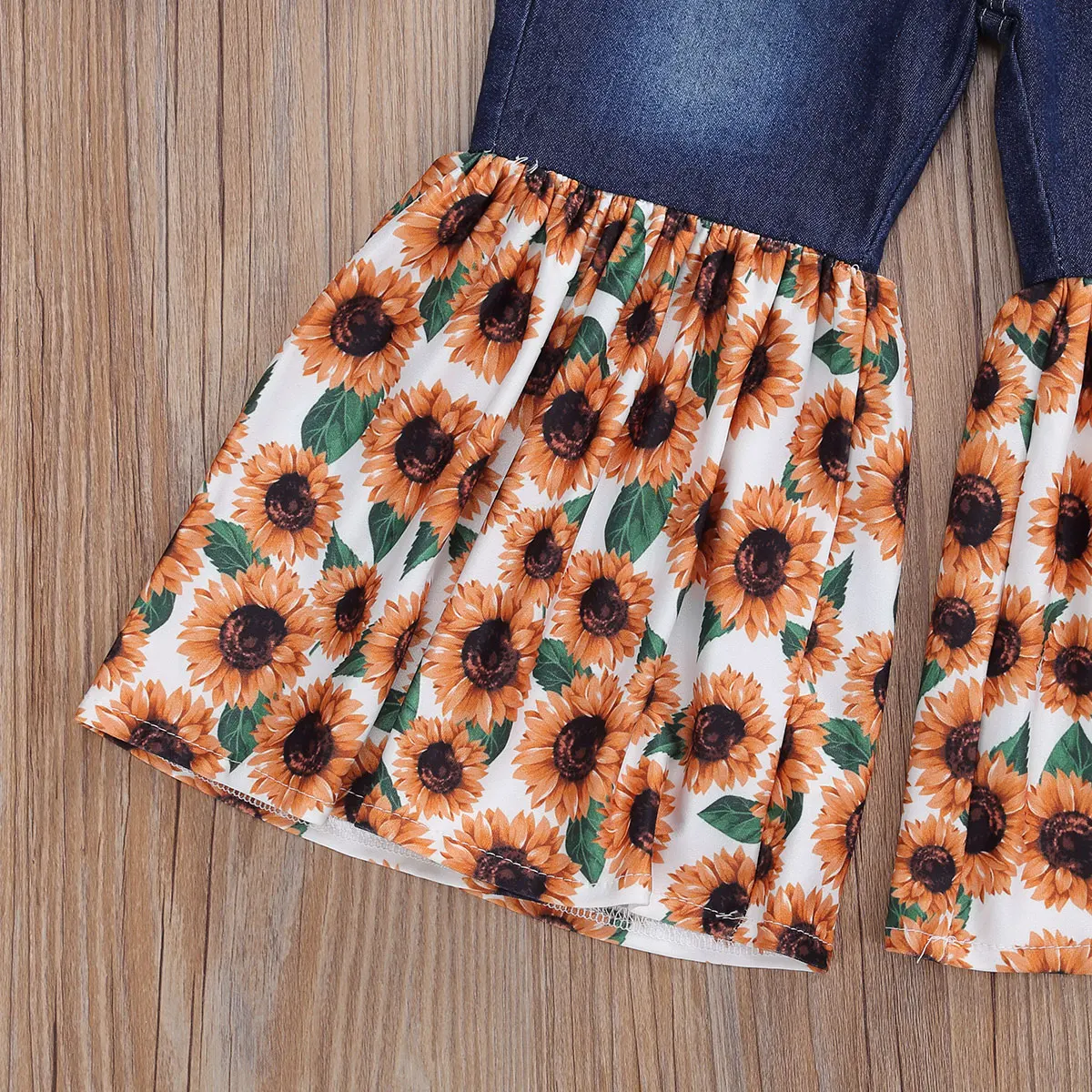 Kids Toddler Girls Clothes Set 2Pcs Sunflower Summer Short Sleeve T-shirts Patchwork Denim Flare Pants Suits Clothing Outfits | Детская