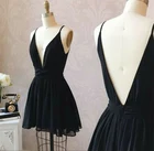 Пикантные короткие черные платья для встречи выпускников с двойным V-образным вырезом, шифоновое Плиссированное Платье До Колена с открытой спиной, женское платье для вечеринки