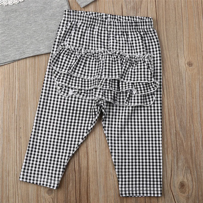 Комплект одежды в клетку с оборками для маленьких девочек кружевной топ + длинные
