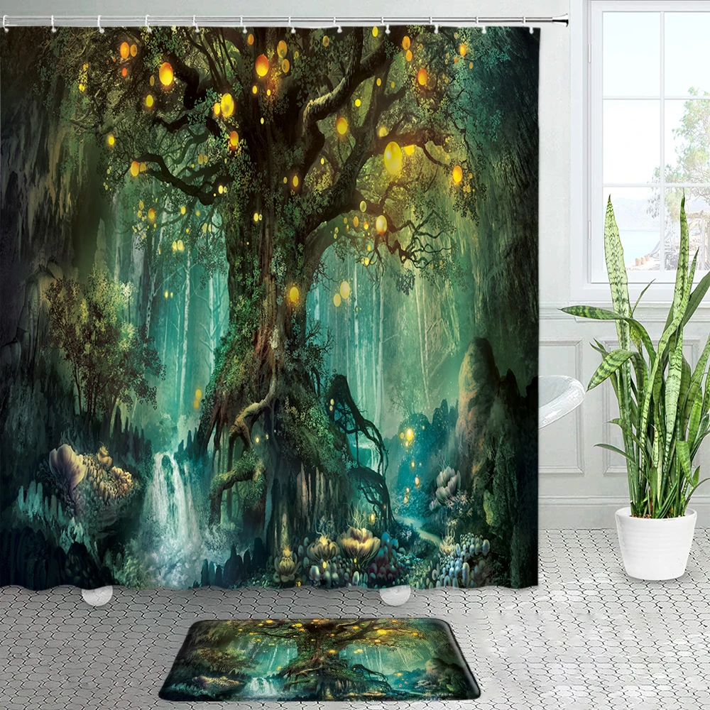 

3D Magic Forest Light Tree Shower Curtains Bath Mats Set Waterfall Dream Landscape Creative Bathroom Door Mat Non-slip Rug Decor