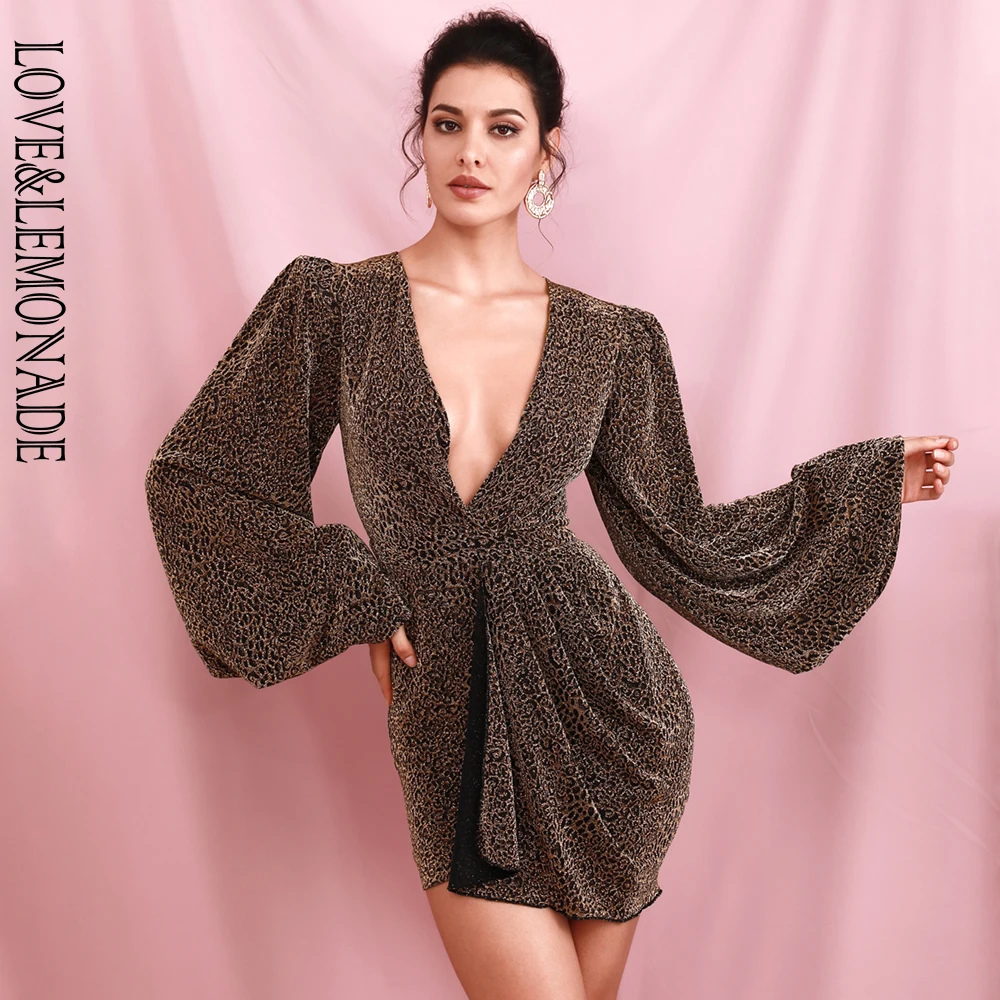 Женское мини платье LOVE & LEMONADE с длинным рукавом золотистым леопардовым принтом и