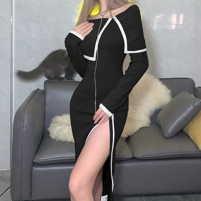 Женское облегающее платье с длинным рукавом открытыми плечами для