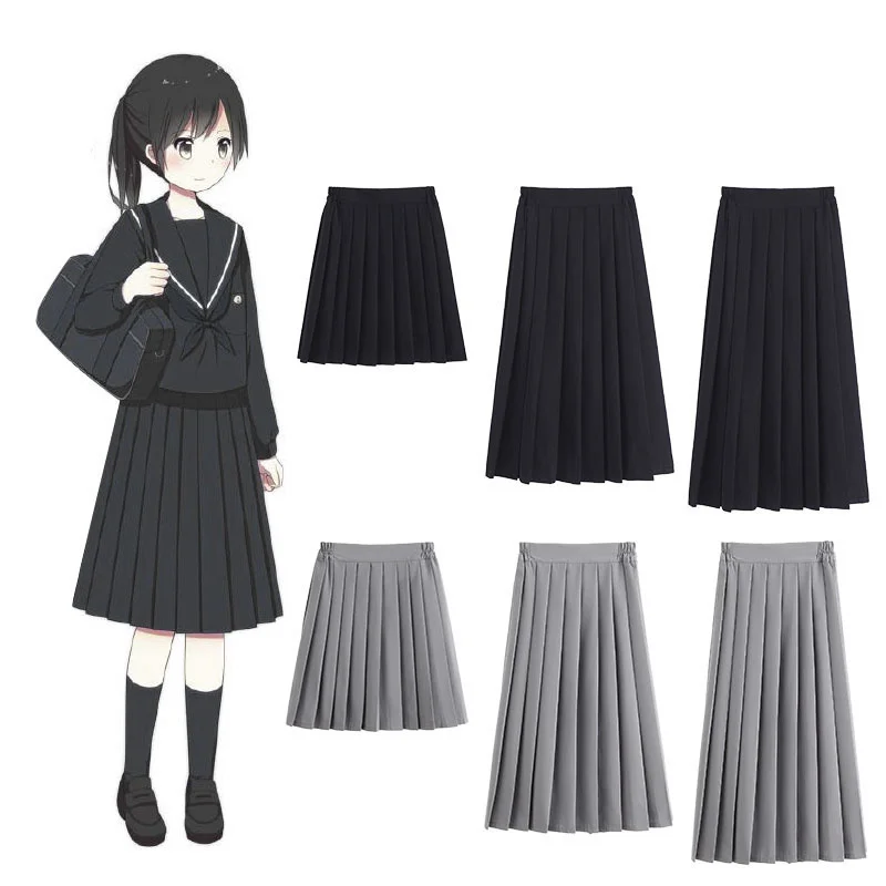 

Elastic Waist Japanese Student Girls School Uniform Solid Color JK Suit Pleated Skirt Short/Middle/Long High School Dress