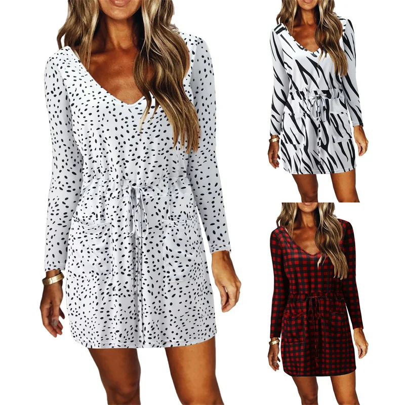 

Autumn New Arrival Women Tie-dye Printed Dress Female V-Neck Long Sleeve with Pockets A-line Dresses For Ladies Dating Shopping