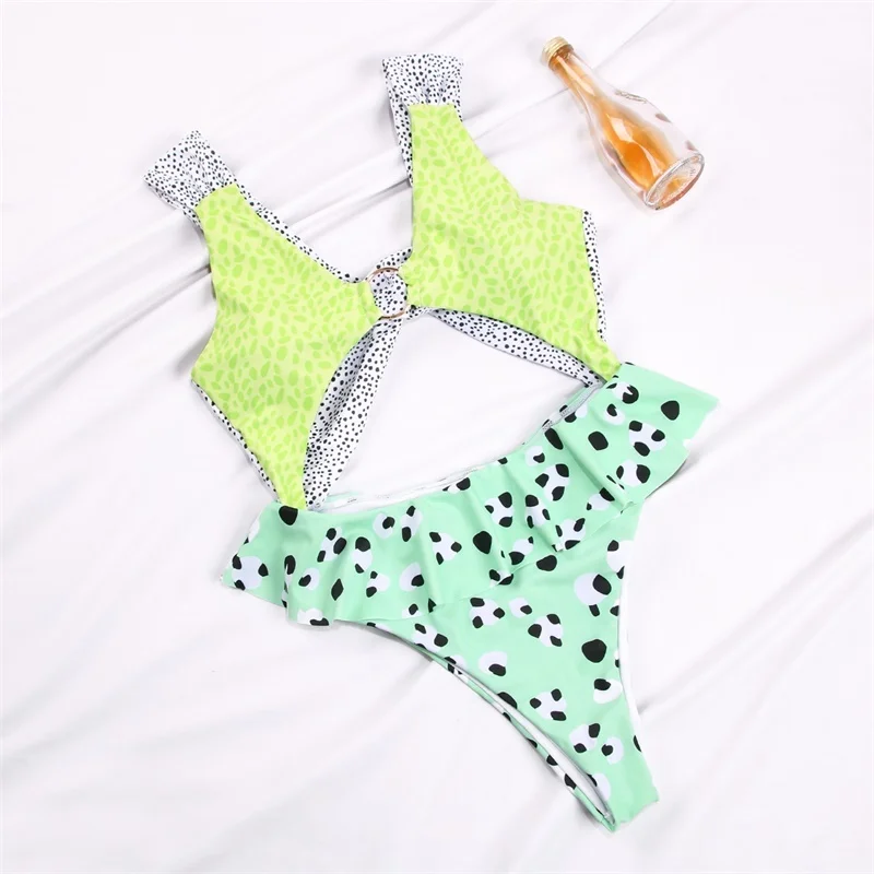 

Miyouj Flower Print Swimsuit Deep V Neck One-Piece Suits Patchwork Swimwear Women 2021 Halter Beachwear Sexy Bodysuit Bandage
