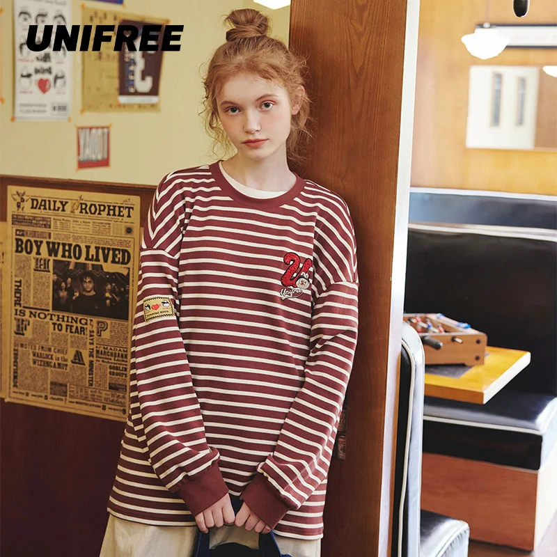 

UNIFREE Harajuku Oversized High Street Stripe T-shirt Long Sleeves Vintage Style All-match Fashion Clothes Japanese Streetwear