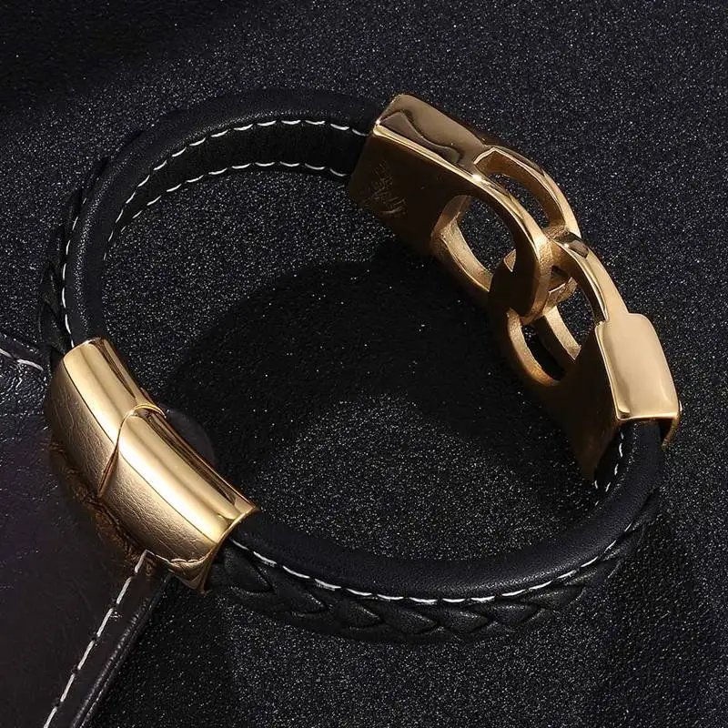 Панк ювелирные изделия для мужчин черный кожаный браслет Золотые наручники из