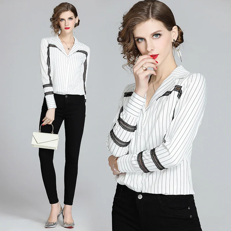 

Simgent Stripe Blouse Women's Suit Collar Lace Hollow Out Patchwork Long Sleeve Blouse Ladies Tops White Shirts Blusas SG003256