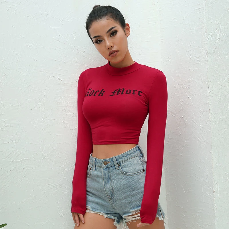 Women Harajuku Crop Top Red Turtleneck Letter Print Long Sleeve Graphic Tees 2021 Casual Skinny Y2k Cotton Crop T-Shirt Female graphic print ringer crop top