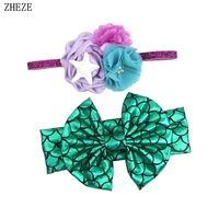 2pcsset summer starfish mermaid headband for baby chiffon flower glitter elastic hairband kids girls rose bow hair accessories
