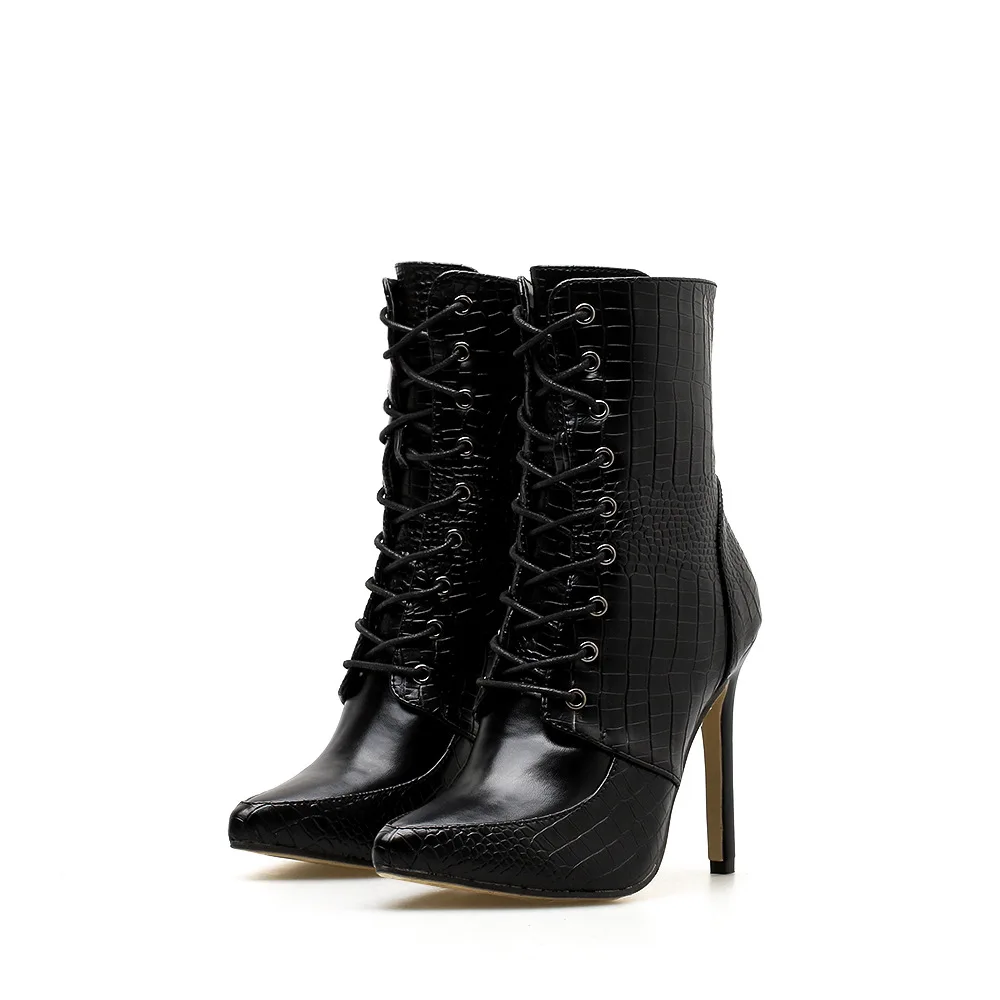 

Women's short boots autumn and winter new pointed lace up high heeled boots
