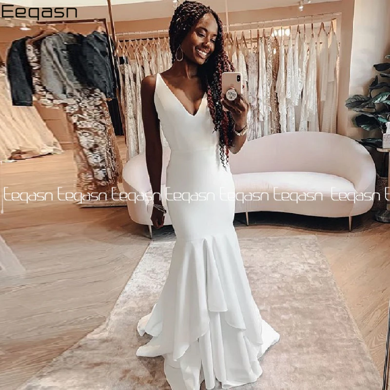 

2020 White Mermaid Prom Dresses V Neck Sweep Train Sexy Stretch Satin Woman African Evening Formal Gowns Plus Size Custom
