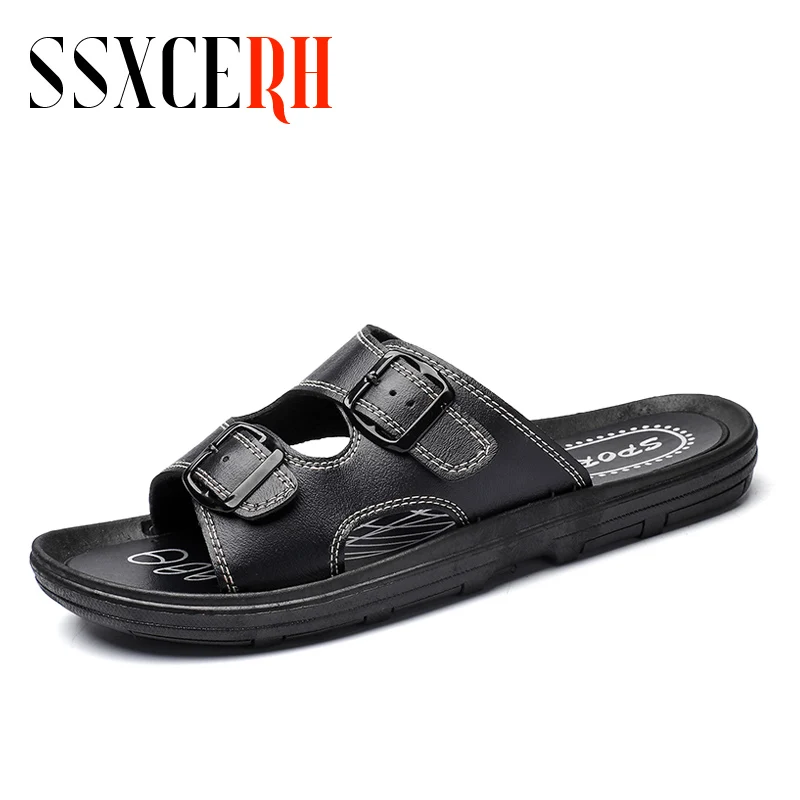 

Brand Fashion Flip Flops Summer Men Slippers Genuine Leather Cross Strap Beach Water Shoes Men High Quality Slippers Size 40-45