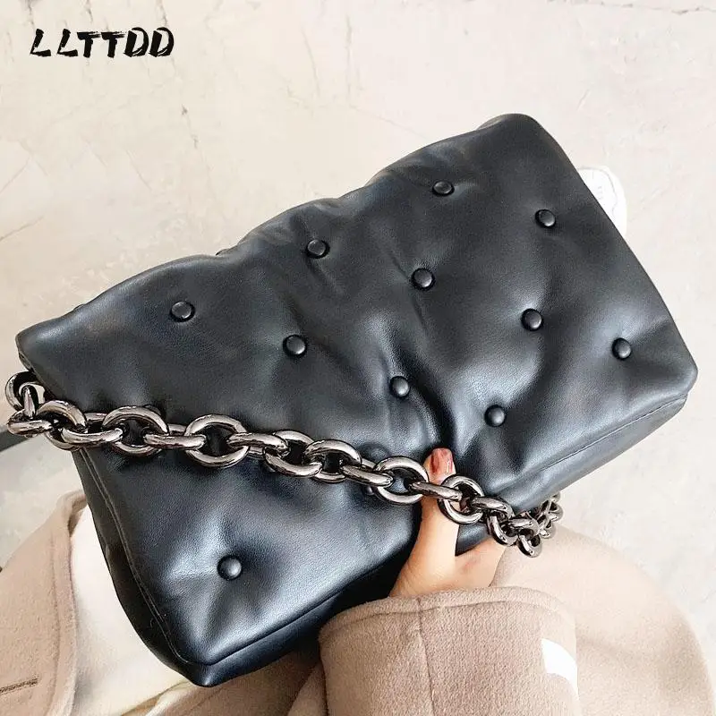 

Women's Shoulder Bags 2021 New Denim Quality Thick Metal Chain Shoulder Purses And Handbag Women Clutch Bags Ladies Hobo Bag