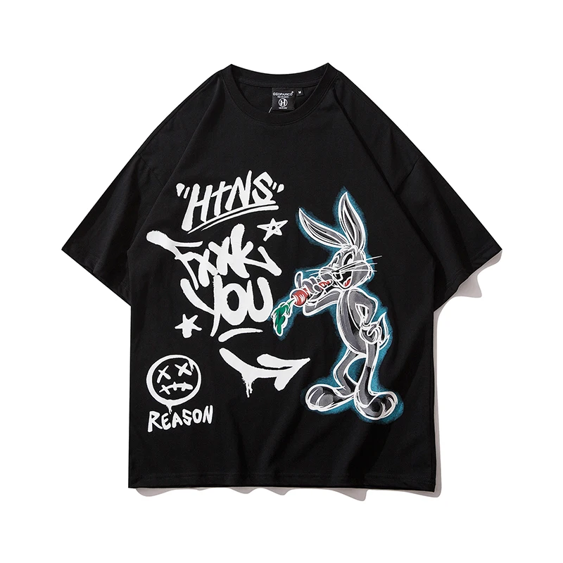 

Hip Hop Rabbit Cartoon Print Short Sleeve T Shirts Unisex Fashion Street Tees Tops Women's Casual Loose Soft Pure Cotton Tshirts