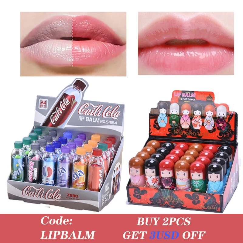 24pcs/Lot Pack Cute Wholesale Lip Balm Beauty Fruit Balm Makeup Lips Care 6 Flavor Novelty Kawaii Makup Color Change Lipbalm