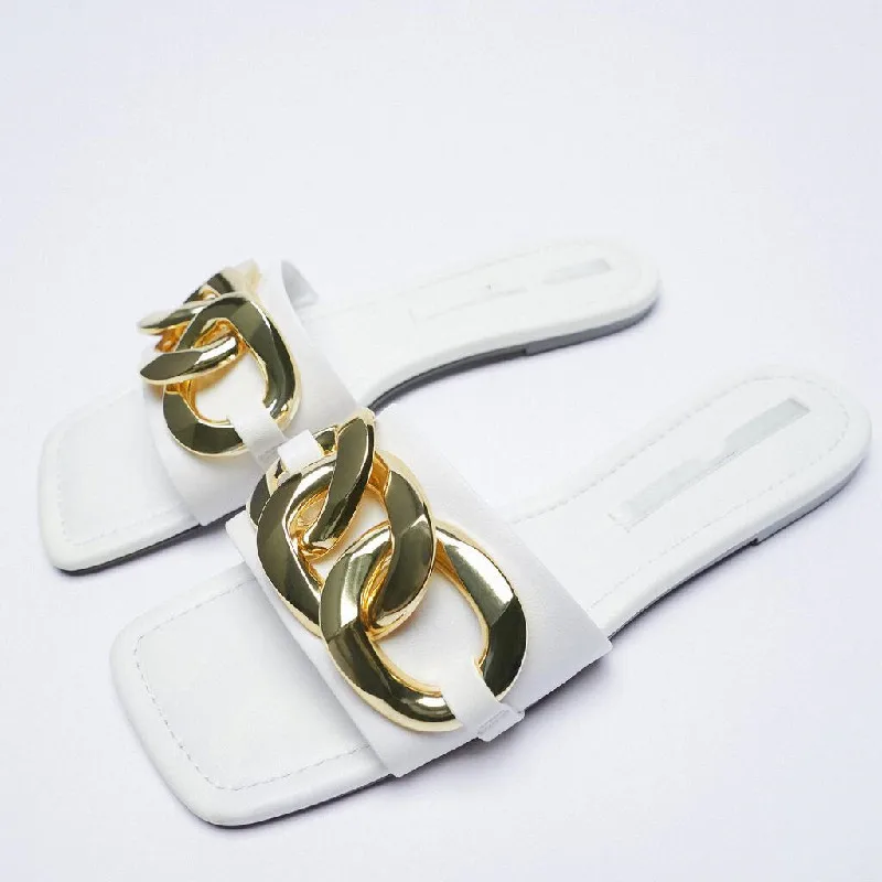

ZAR Slippers Women Summer Luxury 2021 New White Square Toe Metal Chain Flat Sandals Brand Woman Beach Shoes Plus Size 41 Femme