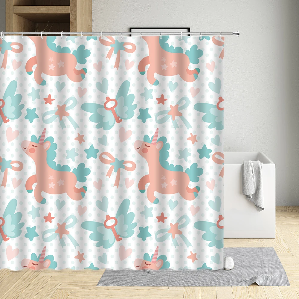 

Cartoons Unicorn Shower Curtain Moon Cloud Stars Rain Whale Diamonds Rainbow Person Envelope Cloth Bathroom Decor Bath Screen