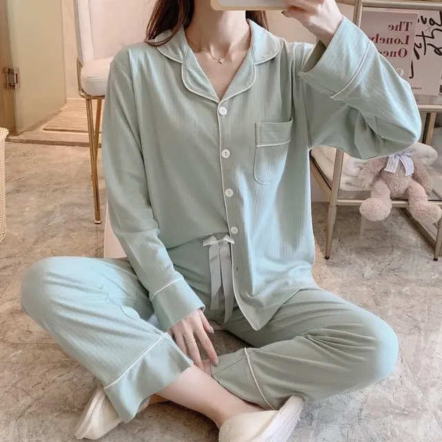 Simple Cardigan Women's Pajamas Set Pure Color Casual Female Pajamas Winter Thick Warm Nightwear Cotton Women Cute Bow Sleepwear