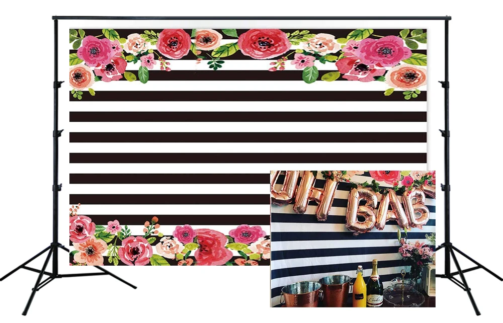 Черно белая полоса фон розовый цветок баннер для вечеринки в честь Дня рождения