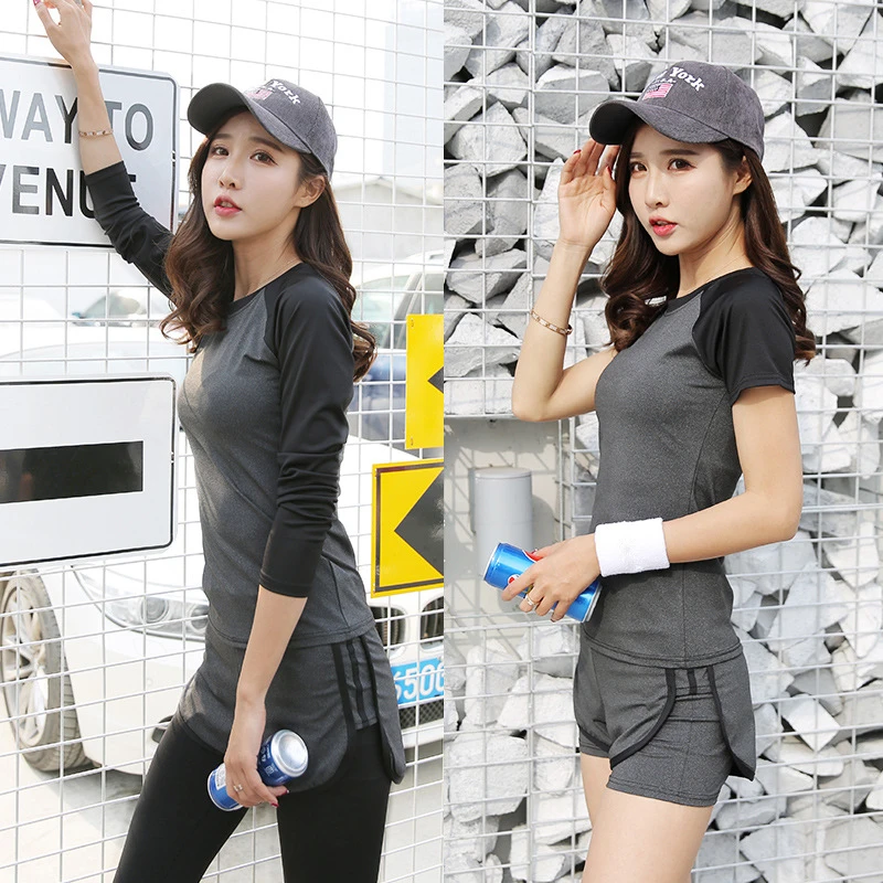 

2pcs Dark Gray Black Yoga Shorts and Short Sleeve Shirt Workout Clothing Women Suit Solid Color High Waist Fitness Trainning Set