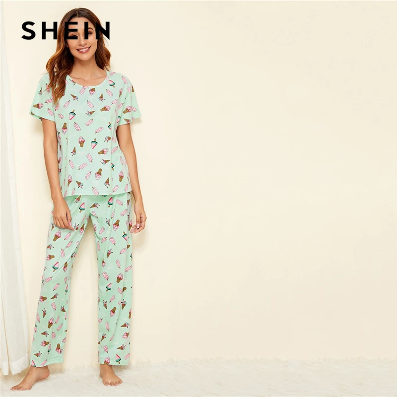 SHEIN зеленый пижамный комплект с принтом мороженого, Повседневная Пижама с короткими рукавами и длинными штанами, пижамный комплект для женщин, летняя женская пижама, пижамные комплекты