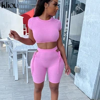 kliou tracksuit women casual ribbed sporty solid matching set short sleevebandage hollow out biker shorts stretchy slim fitness