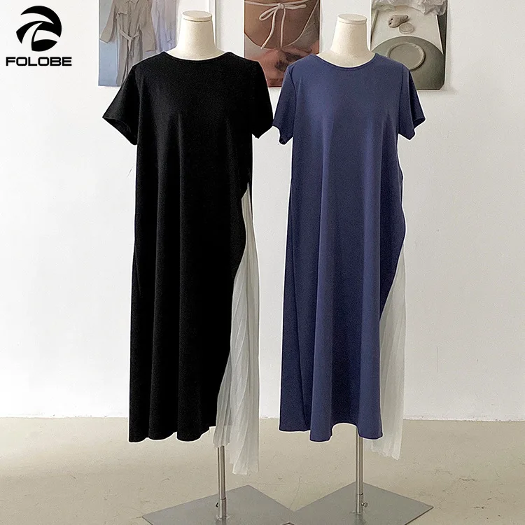 

FOLOBE 2021 Spring Chic Dresses Women Short Sleeve O-Neck Black White Patchwork Pleated Split Loose Casual Vestido Dress Female