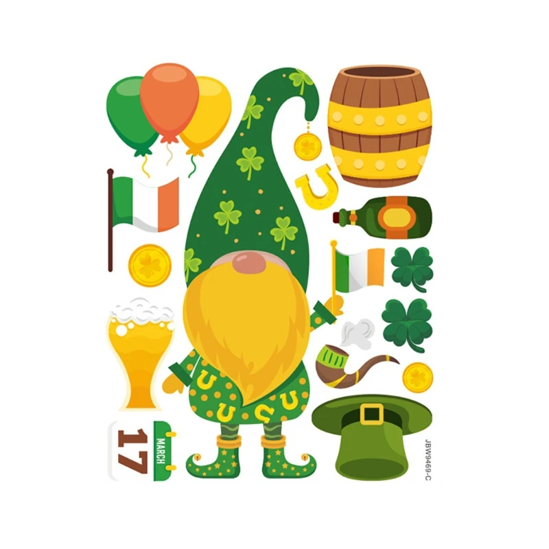 

4Sheets Saint Patrick's Day Leprechauns Gnome Window Clings Irish Shamrock Decor 87HA